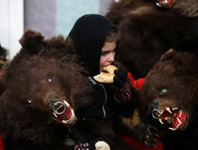 A girl wearing costume made of bearskin eats after performing a dance in the town of Comanesti, Romania December 30, 2016. (Photo by Stoyan Nenov/Reuters)