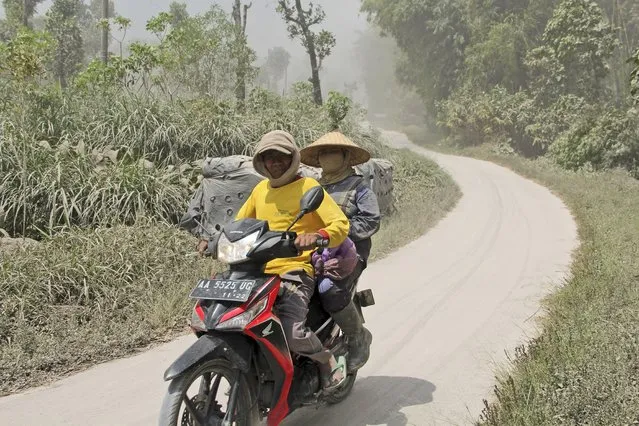 Local farmers ride a motorbike on a road covered in volcanic ash from the eruption of Mount Merapi in Dukun, Central Java, Indonesia, Monday, August 16, 2021. The volcano is the most active of more than 120 active volcanoes in Indonesia and has repeatedly erupted with lava and gas clouds recently. (Photo by Slamet Riyadi/AP Photo)