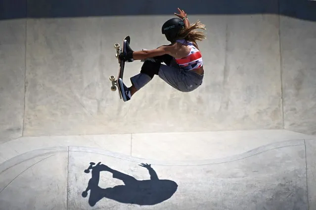 Britain's Sky Brown competes in the women's park heats during the Tokyo 2020 Olympic Games at Ariake Sports Park Skateboarding in Tokyo on August 04, 2021. (Photo by Lionel Bonaventure/AFP Photo)
