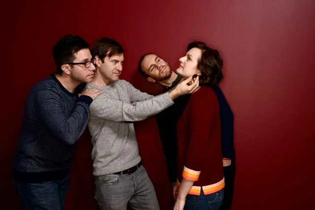 (L-R) Filmmaker Charlie McDowell, actor Mark Duplass, filmmaker Justin Lader, and actress Elisabeth Moss pose for a portrait during the 2014 Sundance Film Festival at the WireImage Portrait Studio at the Village At The Lift on January 21, 2014 in Park City, Utah. (Photo by Larry Busacca/AFP Photo)