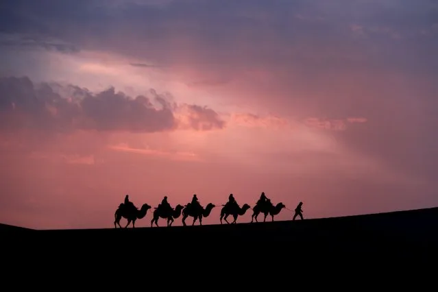 Tourists riding camels visit Mingsha Mountain and Crescent Spring scenic spot during Chinese National Day holiday on October 6, 2021 in Dunhuang, Gansu Province of China. (Photo by Zhang Xiaoliang/VCG via Getty Images)