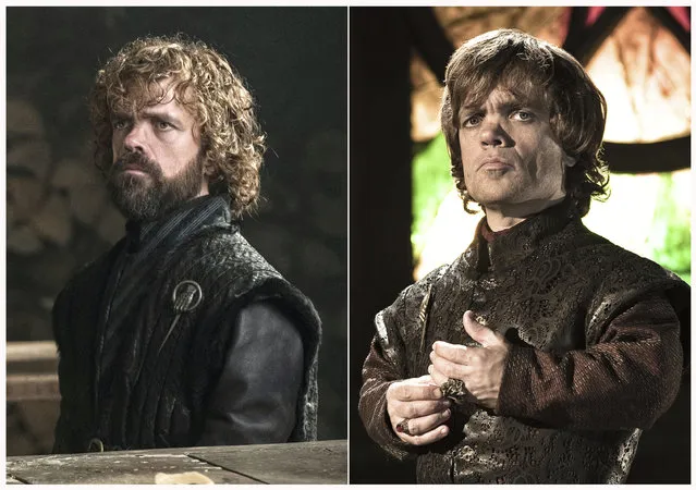 This combination photo of images released by HBO shows Peter Dinklage portraying Tyrion Lannister in “Game of Thrones”. The final season of the popular series premieres on April 14. (Photo by HBO via AP Photo)