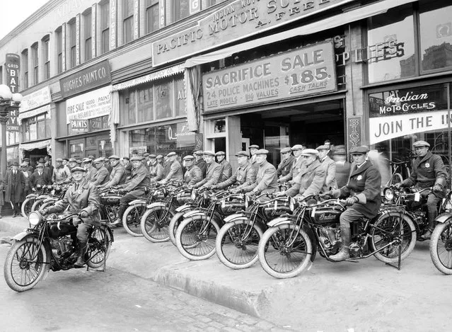 Speed demons beware...The Los Angeles motor corps with their new fleet of Indian motorcycles all ready and waiting to set out after Californian motorists who like to step on the gas on April 15, 1922. (Photo by Bettmann Archive)