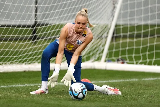 Ellie Roebuck of England makes a save during an England Training Session at Spencer Park on July 18, 2023 in Brisbane, Australia. (Photo by Naomi Baker – The FA/The FA via Getty Images)
