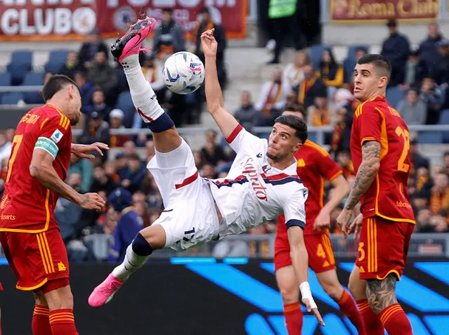 Bologna's Oussama El Azzouzi scores their first goal against AS Roma in Rome, Italy on April 22, 2024. (Photo by Ciro De Luca/Reuters)