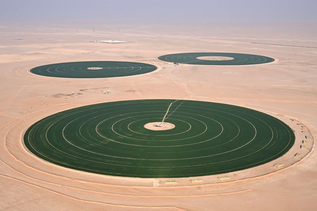An aerial picture taken on January 9, 2024 shows irrigated circular fields in the desert during the 4th stage of the Dakar rally between Al Salamiya and Al Hofuf. (Photo by Patrick Hertzog/AFP Photo)