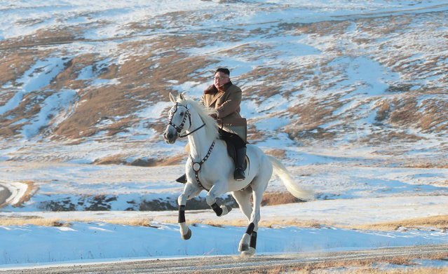 North Korean leader Kim Jong Un rides a horse during snowfall in Mount Paektu in this image released by North Korea's Korean Central News Agency (KCNA) on October 16, 2019. (Photo by KCNA via Reuters)