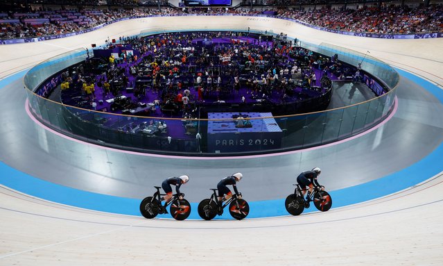 Katy Marchant, Sophie Capewell and Emma Finucane of Great Britain compete in the Women's Team Sprint qualifying of the Track Cycling events in the Paris 2024 Olympic Games, at Saint-Quentin-en-Yvelines Velodrome in Saint-Quentin-en-Yvelines, France, 05 August 2024. (Photo by Erik S. Lesser/EPA/EFE)