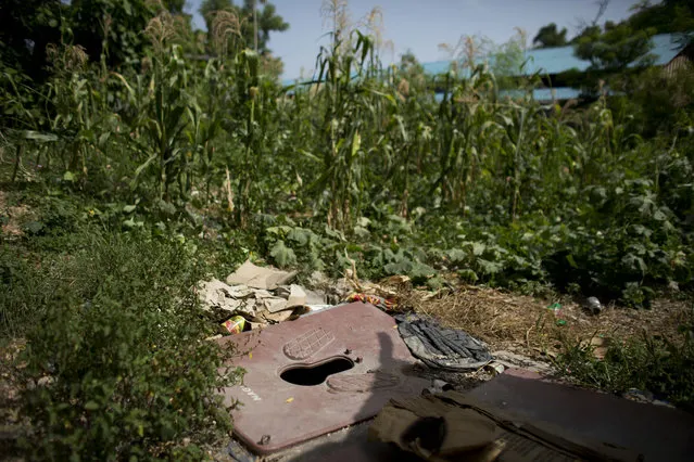 In this June 29, 2015 photo, a makeshift squat toilet installed over a shallow pit serves families living in and around damaged buildings behind the ruins of the National Theater, in central Port-au-Prince, Haiti. Sanititation is a problem in camps and squatter settlements alike. Many people live without access to any toilet facilities, and water for drinking and washing must be bought in by the bucket. (Photo by Rebecca Blackwell/AP Photo)