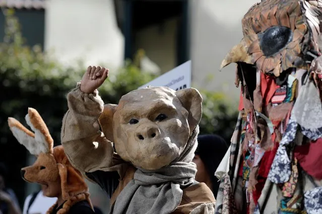 Protesters dressed in costumes attend a demonstration over Australia's bushfires crisis, outside the Australian embassy in Lima, Peru on January 10, 2020. (Photo by Guadalupe Pardo/Reuters)