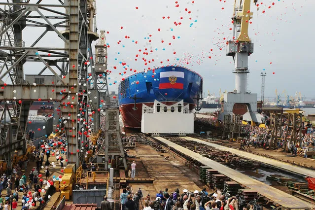The new Russian nuclear-powered icebreaker Arktika (Arctic) launches in St. Petersburg, Russia, Thursday, June 16, 2016. Russia has been modernizing its icebreaker fleet as part of its efforts to strengthen its Arctic presence. (Photo by Ruslan Shamukov/TASS)