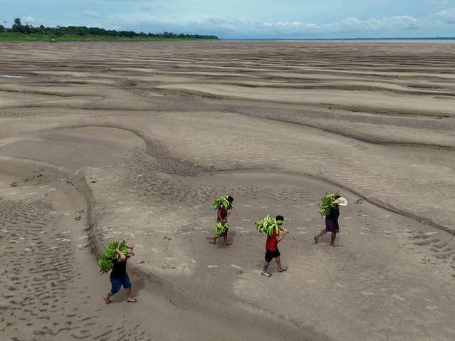 Aerial view of riverbank dwellers carrying banana produce over the dry Solimoes riverbed in the Pesqueiro community in Manacapuru, Amazonas state, northern Brazil, on September 30, 2024. (Photo by Michael Dantas/AFP Photo)