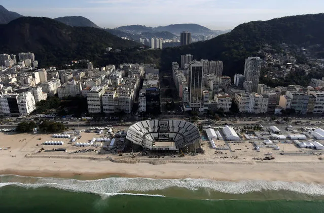 An aerial view of the 2016 Rio Olympics beach volleyball venue on Copacabana beach in Rio de Janeiro, Brazil, July 16, 2016. (Photo by Ricardo Moraes/Reuters)