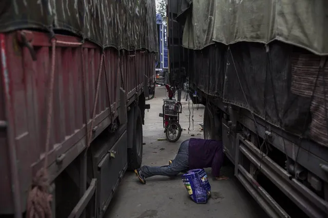 A poor elderly Chinese woman searches for vegetables that have fallen off a truck at a local market on September 26, 2014 in Beijing, China. (Photo by Kevin Frayer/Getty Images)