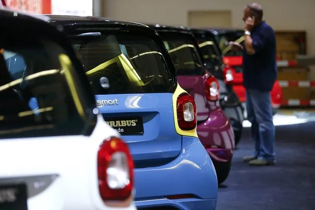 Smart cars by Brabus are seen in line during the media day at the Frankfurt Motor Show (IAA) in Frankfurt, Germany, September 14, 2015. (Photo by Kai Pfaffenbach/Reuters)