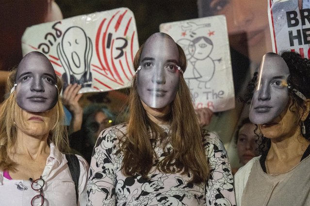 Women protest against Israeli Prime Minister Benjamin Netanyahu's government and call for the release of hostages held in the Gaza Strip by the Hamas militant group, in Tel Aviv, Israel, April 11, 2024. (Photo by Ariel Schalit/AP Photo)