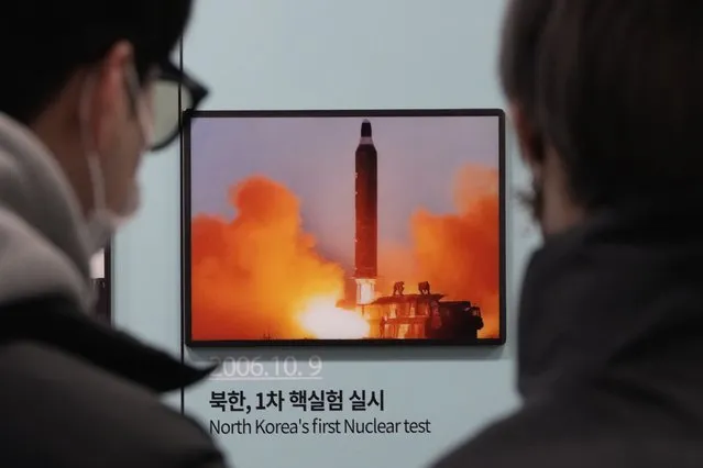 A photo showing North Korea's missile launch is displayed at the Unification Observation Post in Paju near the border with North Korea, South Korea, Friday, January 27, 2023. South Korea’s government said Friday it will promote civilian efforts to provide humanitarian assistance to North Korea in hopes of softening a diplomatic freeze deepened by North Korean leader Kim Jong Un’s growing nuclear ambitions. (Photo by Ahn Young-joon/AP Photo)