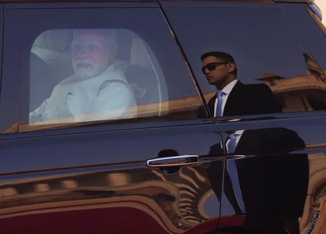 Indian Prime Minister Narendra Modi arrives at the Indian presidential palace to receive German Chancellor Olaf Scholz, for latter's ceremonial reception, in New Delhi, India, Saturday, February 25, 2023. (Photo by Manish Swarup/AP Photo)