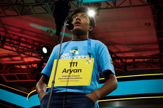 Aryan Khedkar, an 8th grader from Michigan, reacts to spelling his word correctly during the Scripps National Spelling Bee in National Harbor, Maryland on May 29, 2024. (Photo by Evelyn Hockstein/Reuters)