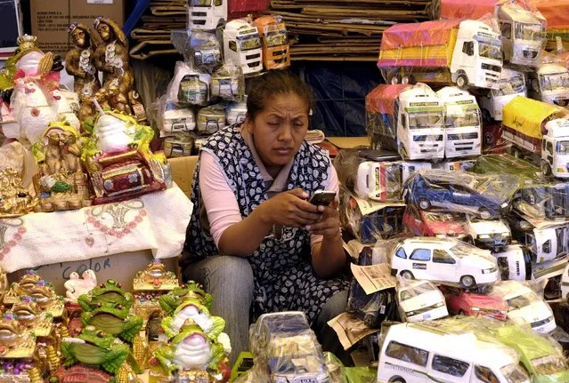 A woman sits among miniatures for sale ahead of the “Alasitas” fair in La Paz, Bolivia, January 19, 2016. Bolivians buy miniature versions of goods they would like to own at the upcoming fair, held on January 24, with the hope of acquiring them in real life during the year. (Photo by David Mercado/Reuters)