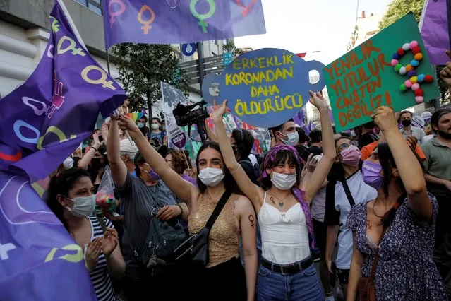 People participate in a protest against Turkey's withdrawal from the Istanbul Convention, an international accord designed to protect women, in Istanbul, Turkey, July 1, 2021. (Photo by Umit Bektas/Reuters)