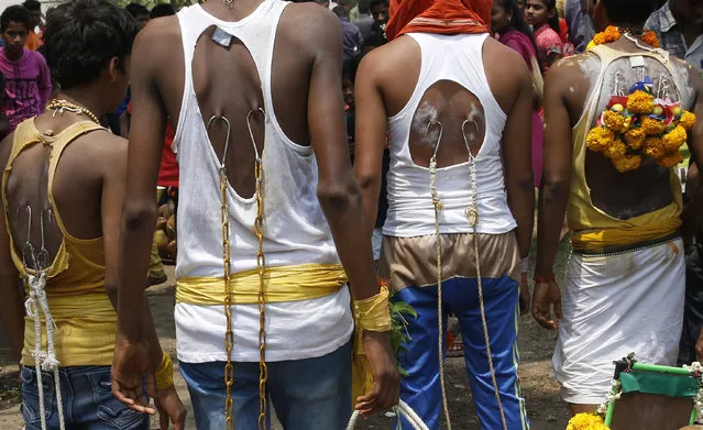 Indian Hindu devotees, their backs pierced with metal hooks as part of a ritual, participate in a religious procession to the temple of Hindu goddess Muthumariamman in Mumbai, India, Saturday, March 28, 2015. (Photo by Rajanish Kakade/AP Photo)