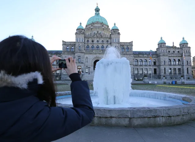 A tourist takes a picture of a fountain is sheathed in layers of ice during cold weather in front of the British Columbia provincial legislature building in Victoria, B.C., Canada January 5, 2017. (Photo by Chris Helgren/Reuters)