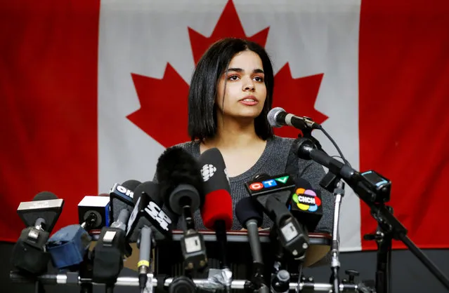 Rahaf Mohammed speaks at the COSTI Corvetti Education Centre in Toronto, Ontario, Canada January 15, 2019. Mohammed, 18, was granted asylum in Canada after she barricaded herself in an airport hotel room in Thailand's capital Bangkok to avoid being sent home to her family due to fears of being harmed or killed. The family denies any abuse. (Photo by Mark Blinch/Reuters)