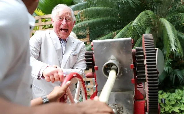 Prince Charles, Prince of Wales grinds sugar cane during a visit to a paladar called Habanera, a privately owned restaurant on March 27, 2019 in Havana, Cuba. Their Royal Highnesses have made history by becoming the first members of the royal family to visit Cuba in an official capacity. (Photo by Chris Jackson/Getty Images)