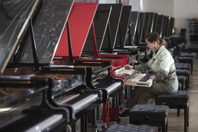 In this photo released by Xinhua News Agency, a worker tunes a piano at a production factory of Parsons Music Corporation in Yichang, central China's Hubei Province, November 23, 2021. China's manufacturing activity rebounded in November as orders improved and power shortages eased, a survey showed Tuesday, Nov. 30. (Photo by Xiao Yijiu/Xinhua via AP Photo)