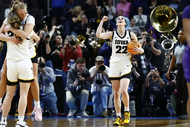 Iowa Hawkeyes guard Caitlin Clark celebrates after defeating the LSU Lady Tigers to reach the Final Four, in Albany, New York on April 2, 2024. (Photo by Winslow Townson/USA TODAY Sports)