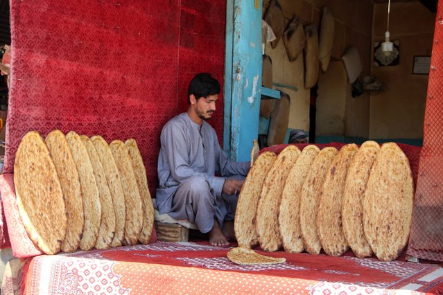 An Afghani man sells bread on a roadside in Kandahar, Afghanistan, 23 April 2024.  A recent World Bank report reveals a 26% decrease in Afghanistan's gross output over the past year, primarily attributed to a 1.3 billion USD income reduction for farmers due to the ban on drug cultivation. Although tax revenue saw a modest increase of 13% in 2023, exports experienced a 15% decline specifically to Pakistan. Afghan officials highlighted efforts to spur domestic production, improve trade, stabilize the national currency, and initiate key economic projects. (Photo by Qudratullah Razwan/EPA/EFE)