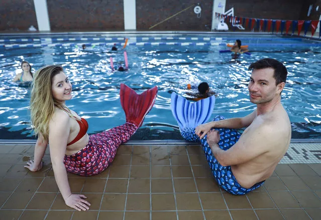 People practice swimming with mermaid tails at AquaMermaid swimming school, a mermaid training school in Chicago, United States on March 19, 2017. (Photo by Bilgin S. Amaz/Anadolu Agency/Getty Images)