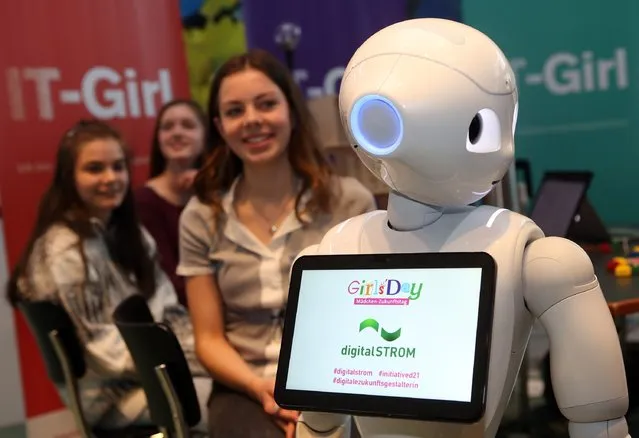 Pepper the Robot is  seen at the digitalSTROM stand on Girls' Day on April 26, 2017 in Berlin, Germany. The event is meant to encourage young women to pursue careers in all parts of the German economy, especially in sciences, information technology and engineering, and this year the event occurs simultaneously with the W20 women's empowerment summit, sponsored by the G20 Group of 20 major economic powers. (Photo by Adam Berry/Getty Images)