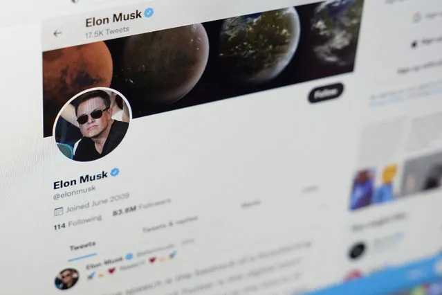The Twitter page of Elon Musk is seen on the screen of a computer in Sausalito, Calif., on Monday, April 25, 2022. On Monday, Musk reached an agreement to buy Twitter for about $44 billion. (Photo by Eric Risberg/AP Photo)