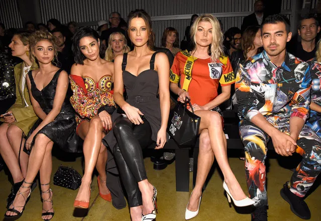 (L-R) Actors Sarah Hyland, Vanessa Hudgens, Kate Beckinsale, singers Fergie and Joe Jonas attend Moschino Spring/Summer 18 Menswear and Women's Resort Collection at Milk Studios on June 8, 2017 in Hollywood, California. (Photo by Kevin Mazur/Getty Images for Moschino)