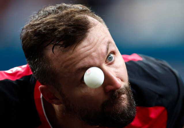 Patryk Chojnowski of Poland in action during his men’s singles MS10 gold medal match against Lian Hao of China, which he won, on September 4, 2024. (Photo by Gonzalo Fuentes/Reuters)