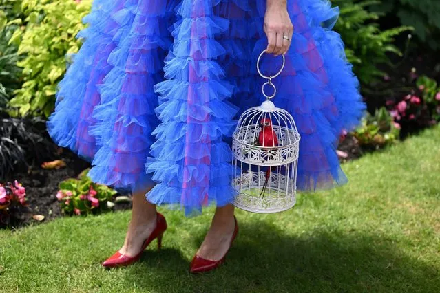 A race-goer carrying a bag shaped as a bird cage attends the third day, known as the Lady's day, of the Royal Ascot horse racing meet, in Ascot, west of London on June 16, 2022. (Photo by Justin Tallis/AFP Photo)