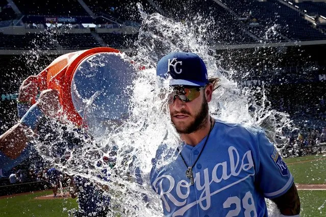 Kansas City Royals' Kyle Isbel is doused by teammates after their baseball game against the Texas Rangers Wednesday, June 29, 2022, in Kansas City, Mo. The Royals won 2-1. (Photo by Charlie Riedel/AP Photo)