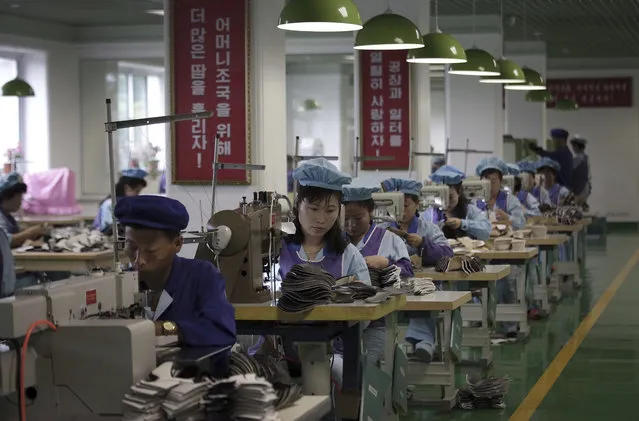 In this Wednesday, June 22, 2016, photo, factory workers operate sewing machines at a shoe factory in Wonsan, North Korea. For the past few weeks, North Koreans across the nation have been mobilized for a 200-day “speed campaign” in line with their leader Kim Jong Un's vows to raise the nation's standard of living and energize his new five-year plan to develop the economy. At the direction of Kim Jong Un, who visited the factory last November, workers are now focusing on making lighter, better quality shoes and providing a wider variety to make North Korea's shoe production “world class” before the five-year plan ends. (Photo by Wong Maye-E/AP Photo)
