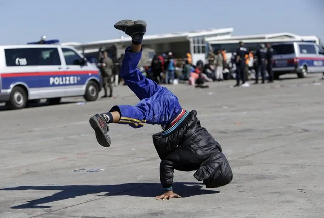 A migrant boy does a handstand as he waits for a bus in Nickelsdorf, Austria, September 22, 2015. (Photo by David W. Cerny/Reuters)