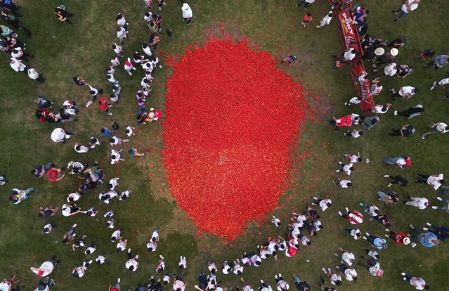 Aerial view of people next to tomatos for the fifteenth annual Tomato Fight Festival known as “Tomatina” in Sutamarchan, Boyaca Department, Colombia on June 1, 2025. (Photo by Raul Arboleda/AFP Photo)