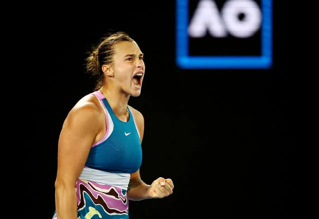 Aryna Sabalenka of Belarus in action against Magda Linette of Poland in her semi-final match on Day 11 of the 2023 Australian Open at Melbourne Park on January 26, 2023 in Melbourne, Australia. (Photo by Carl Recine/Reuters)