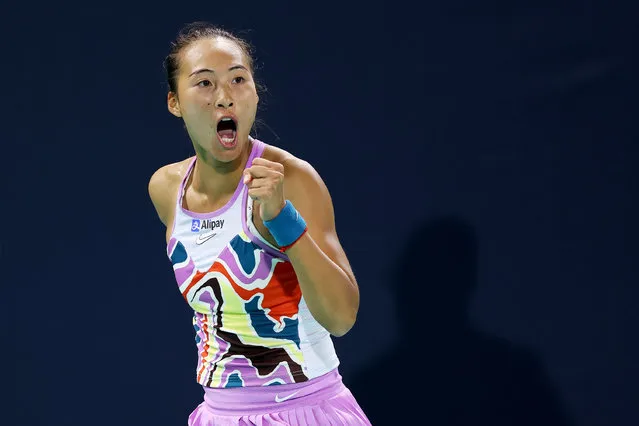 Qinwen Zheng of China celebrates scoring a point against Daria Kasatkina during her Women's Singles quarter-final match on Day 5 of the Mubadala Abu Dhabi Open, part of the Hologic WTA Tour, at Zayed Sports City on February 10, 2023 in Abu Dhabi, United Arab Emirates. (Photo by Christopher Pike/Getty Images)