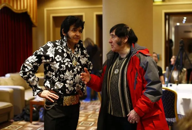 Men speak during the annual European Elvis Tribute Artist Contest and Convention in Birmingham, central England January 2, 2015. (Photo by Darren Staples/Reuters)