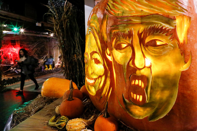 A woman passes by a giant pumpkin created by Master Carver Hugh McMahon with the faces of 2016 Democratic nominee Hillary Clinton and Republican presidential nominee Donald Trump, at Chelsea Market in New York, U.S. October 28, 2016. (Photo by Eduardo Munoz/Reuters)