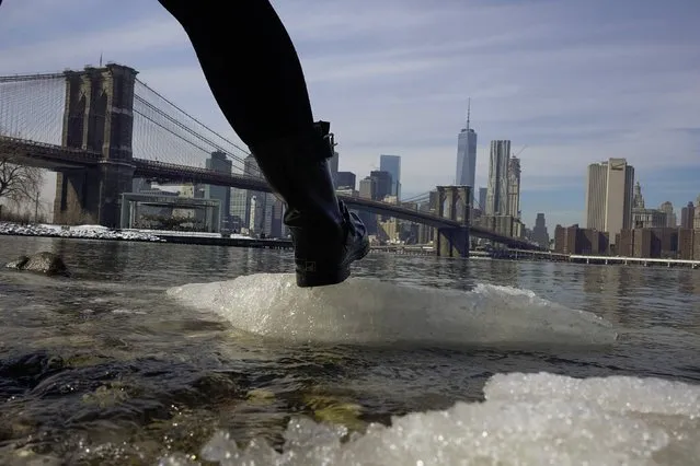 A woman tries to reach an ice floe at the Brooklyn Bridge Park in New York February 22, 2015. (Photo by Eduardo Munoz/Reuters)