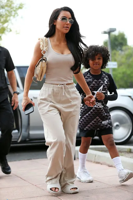 American media personality Kim Kardashian is seen arriving at her kids Basketball game on September 22, 2023. (Photo by The Mega Agency)