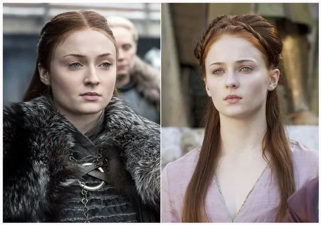 This combination photo of images released by HBO shows Sophie Turner portraying Sansa Stark in “Game of Thrones”. The final season of the popular series premieres on April 14. (Photo by HBO via AP Photo)