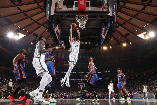Brooklyn Nets center Nicolas Claxton dunks the ball during an NBA game against the New York Knicks on Saturday, March 23, 2024. (Photo by Nathaniel S. Butler/NBAE/Getty Images)
